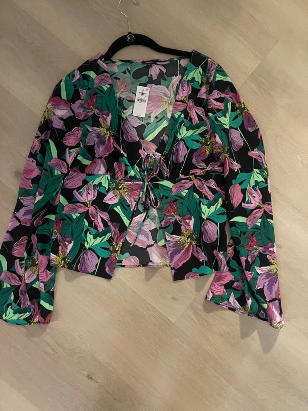 Express Black Floral Tie-Front Blouse with Pink & Green Accents